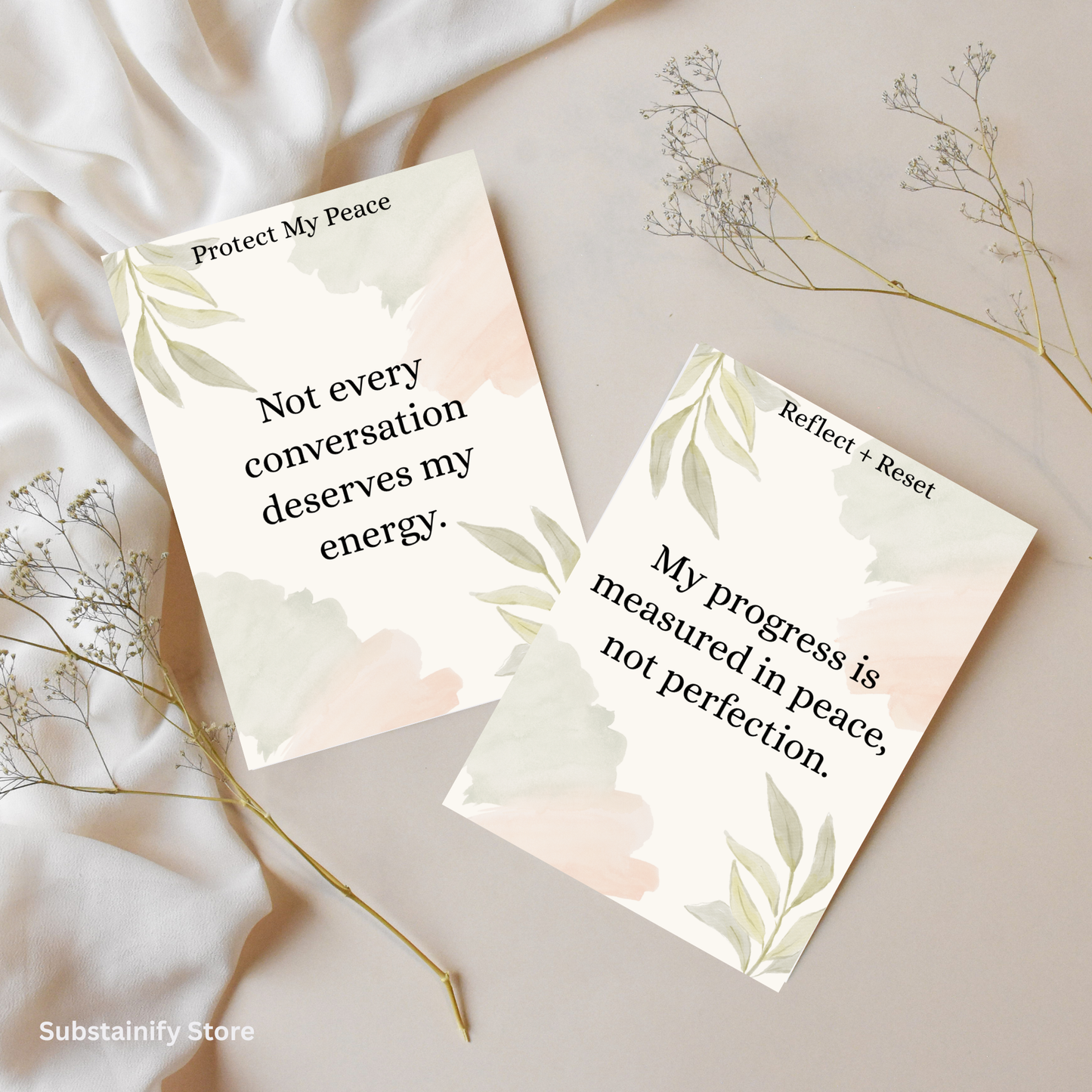 Two affirmation cards from the Boundaries and Healing Deck on a beige paper flat lay, showing calm and minimalist design.